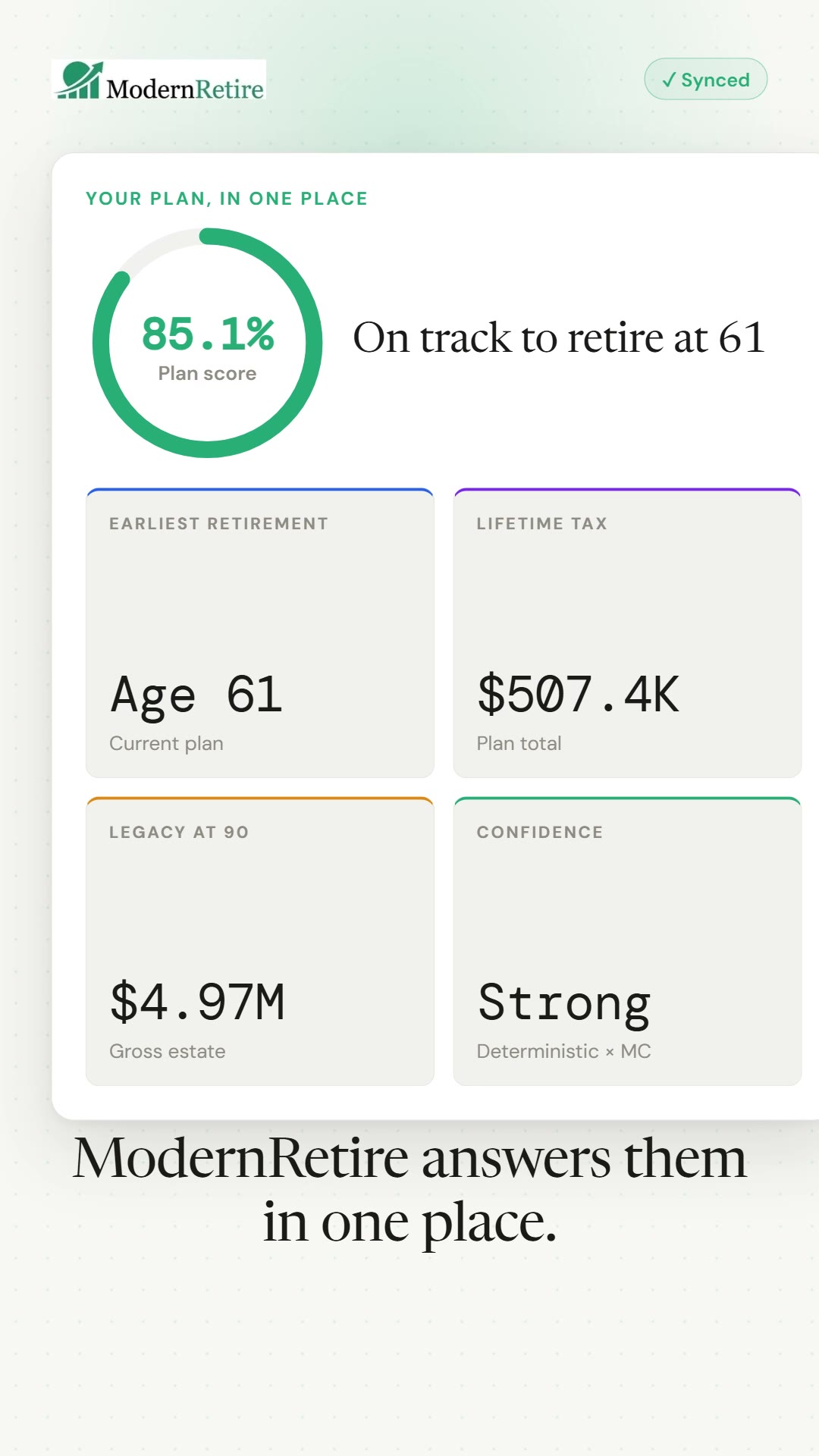 ModernRetire retirement plan — Monte Carlo projection and plan summary